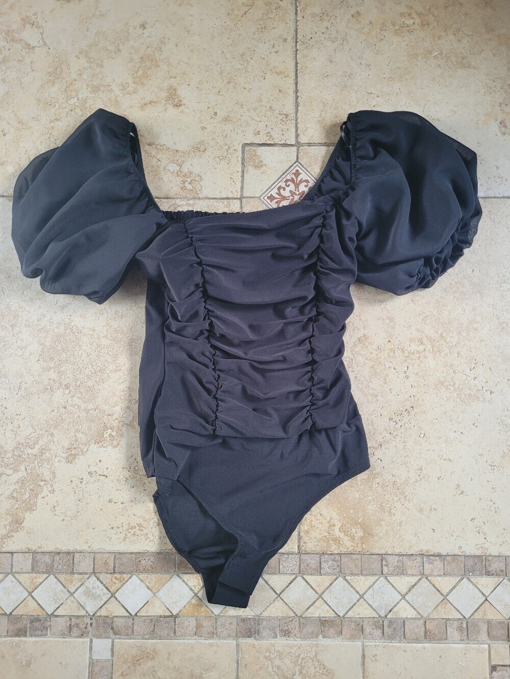 Forever 21 Black Puff Sleeve Ruched Body Suit